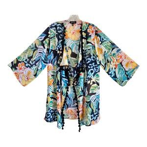 MELISSA PAIGE Women M Kimono Cover Up Open Front Tropical Toucan Floral Tassels